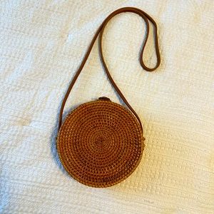 Handwoven Round Rattan Bag Shoulder Leather Straps Natural